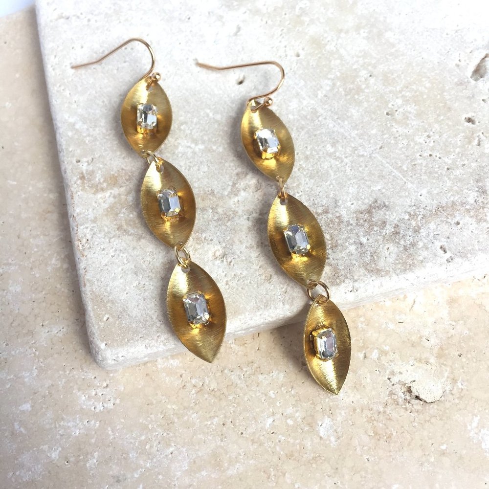 Long Gold marquise & Clear Crystal Earrings
